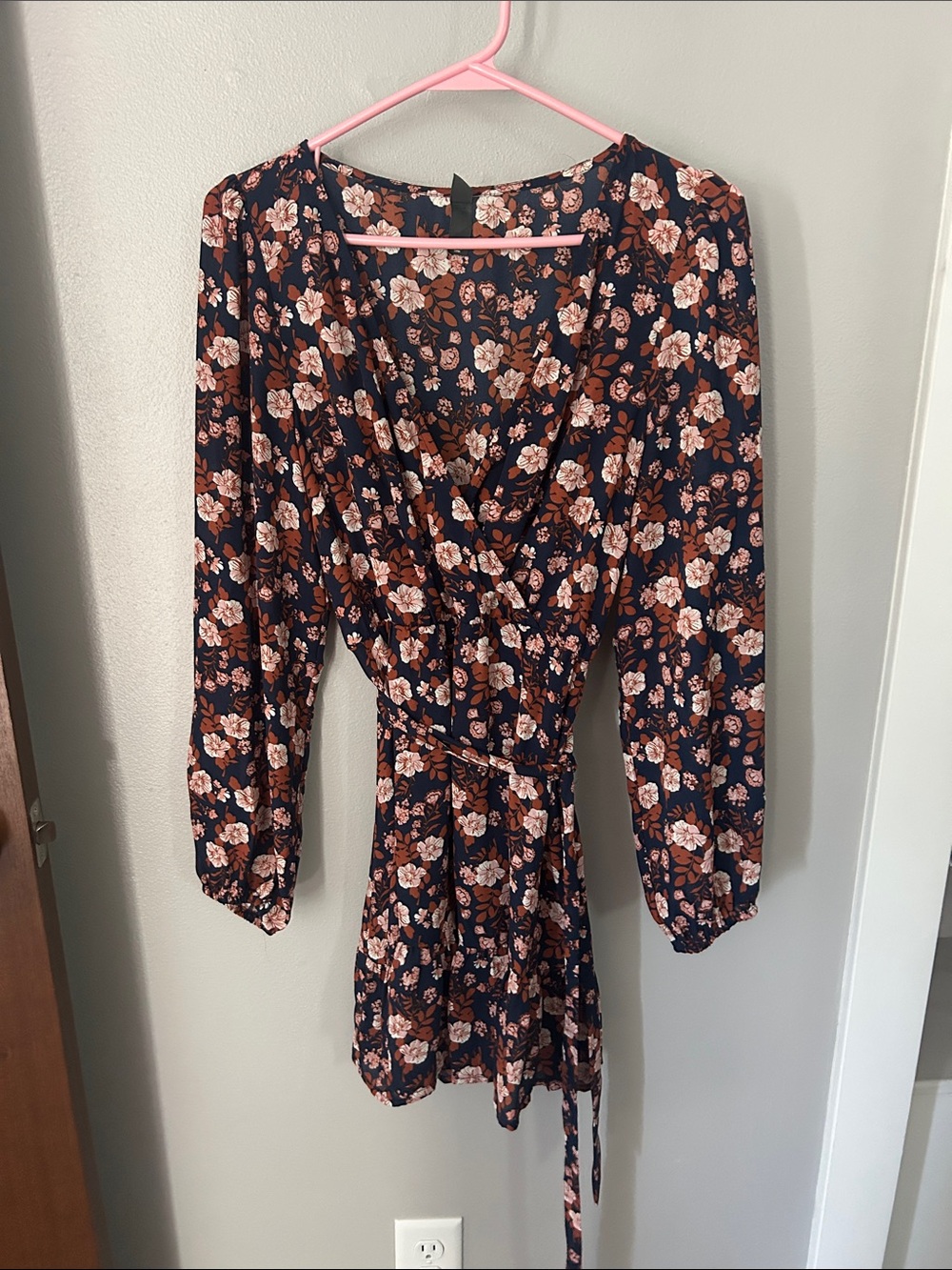 ALYA (Francesca’s)- Floral Wrap Dress Romper in Navy with Rust & Cream Flowers